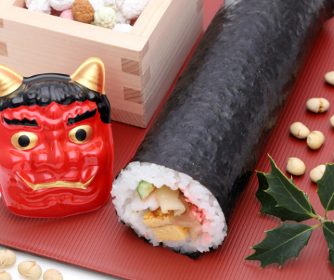 japanese mask and sushi roll, beans for setsuban festival
